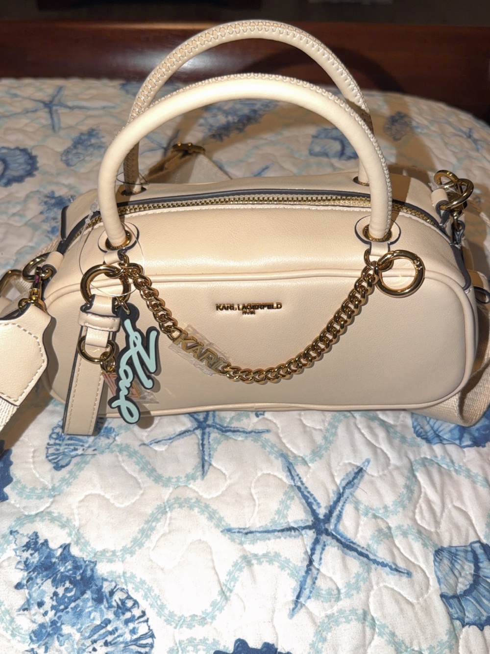 Karl Lagerfeld Cream Mini Dome Satchel with Gold Chain Accent